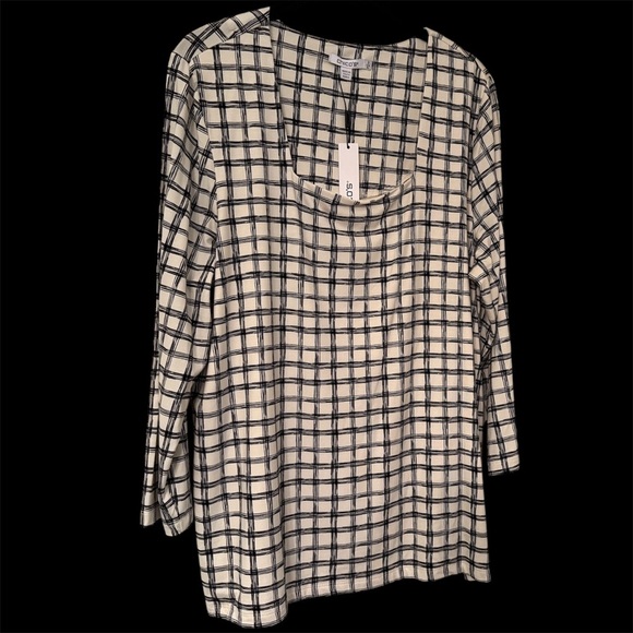Chicos Size 3 Black & Cream Grid Pattern Square-Neck Lined Shirt, 3/4 Sleeve NWT - Picture 1 of 15